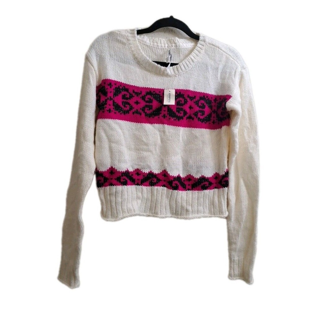 AEROPOSTALE Fair Isle Boxy Crew Sweater White Pink Long Sleeve NWT
